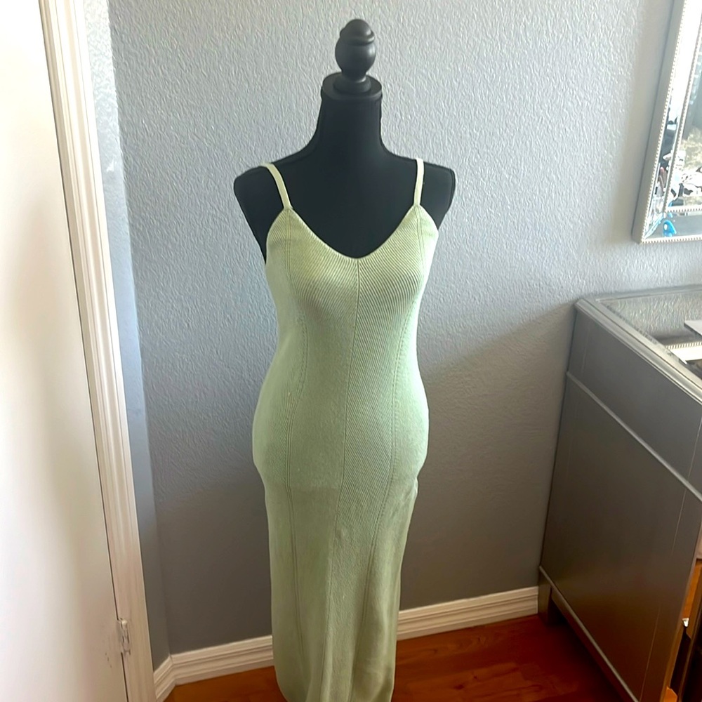 Light green, fitting spaghetti strap, maxi dress